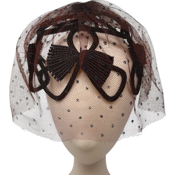 Vintage 1950s Veiled Black Cocktail Hat Fascinator Brown Net Bow Millinery main image 6